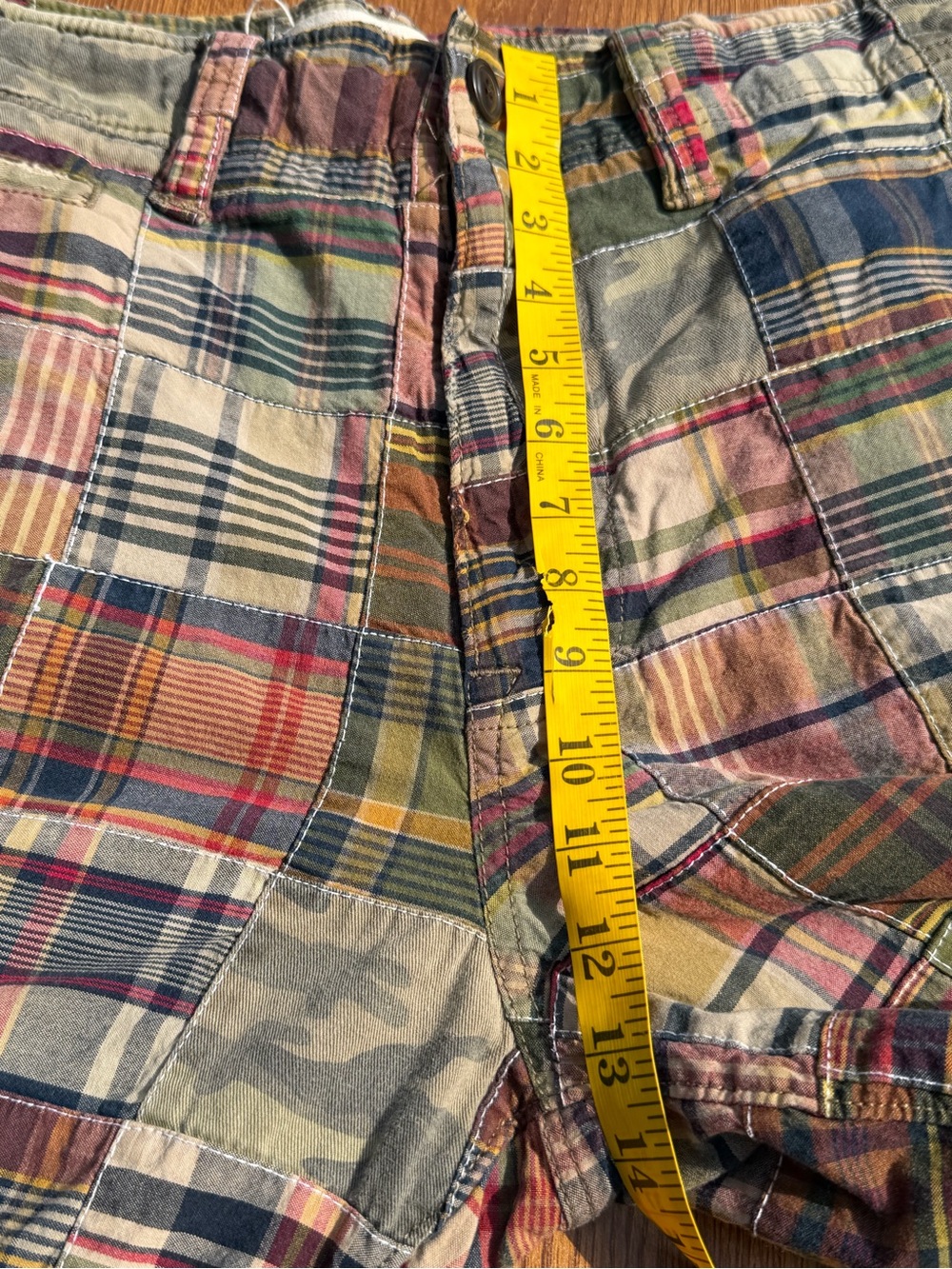 American Eagle Patchwork Madras Shorts Men’s 34 Cotton Plaid Longer Length - Picture 8 of 13